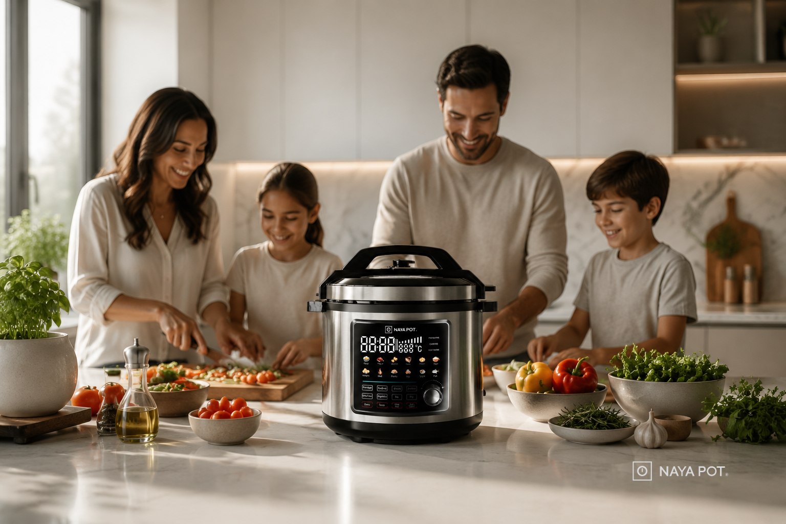 NAYA POT cocina saludable en el hogar con la familia protegiendo la pureza de los alimentos cada día